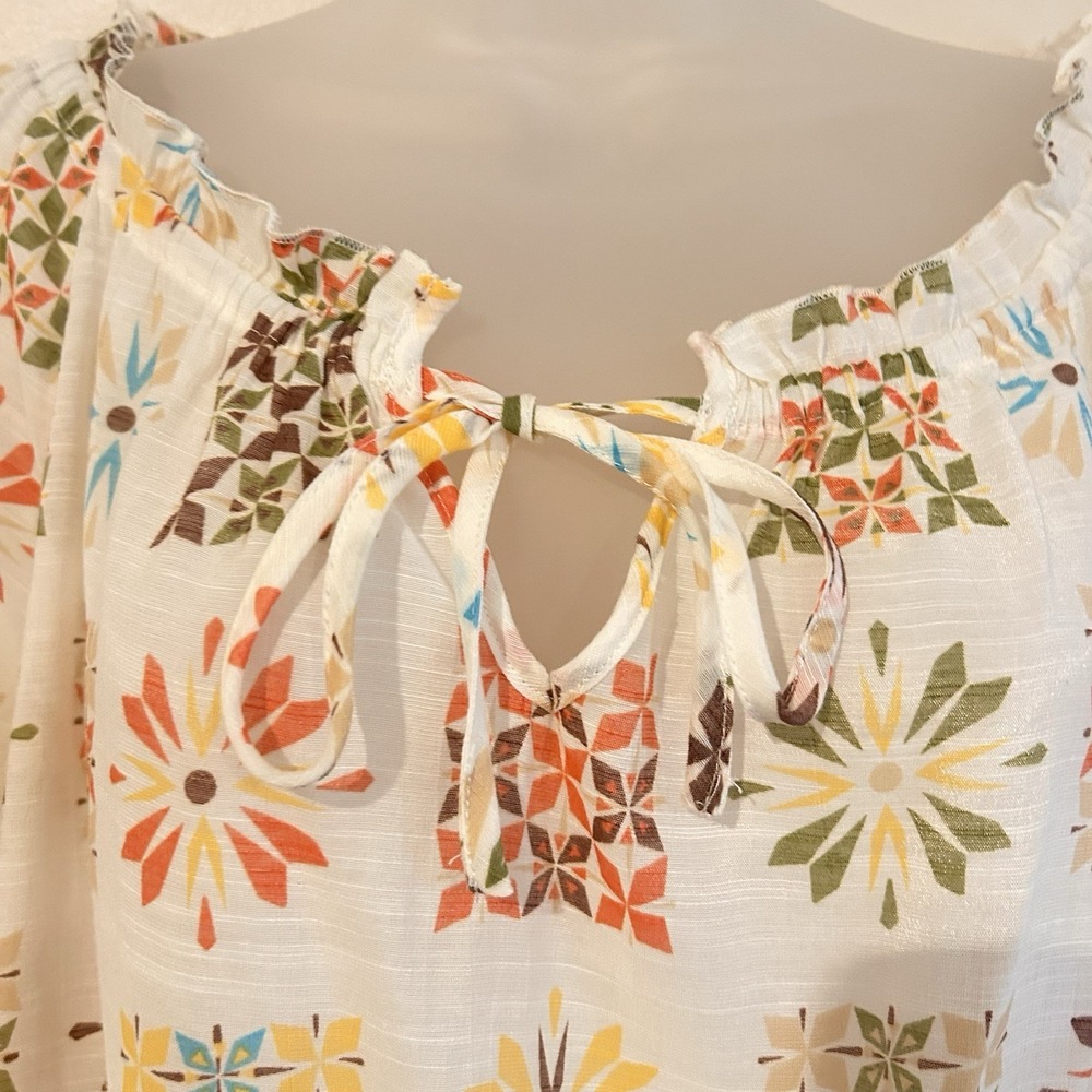 Floral Blouse Sz L Cottagecore Sheer Lightweight Boho 3/4 Balloon Sleeve Ruffle - Picture 4 of 14